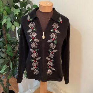Lord & Taylor Woman’s Small full zip holiday sweater embroidered & embel…